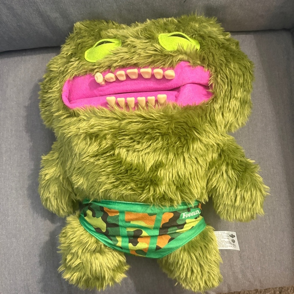Fuggler Fluffy Green Monster Plush Toy with Pink and Yellow Details - Picture 3 of 3